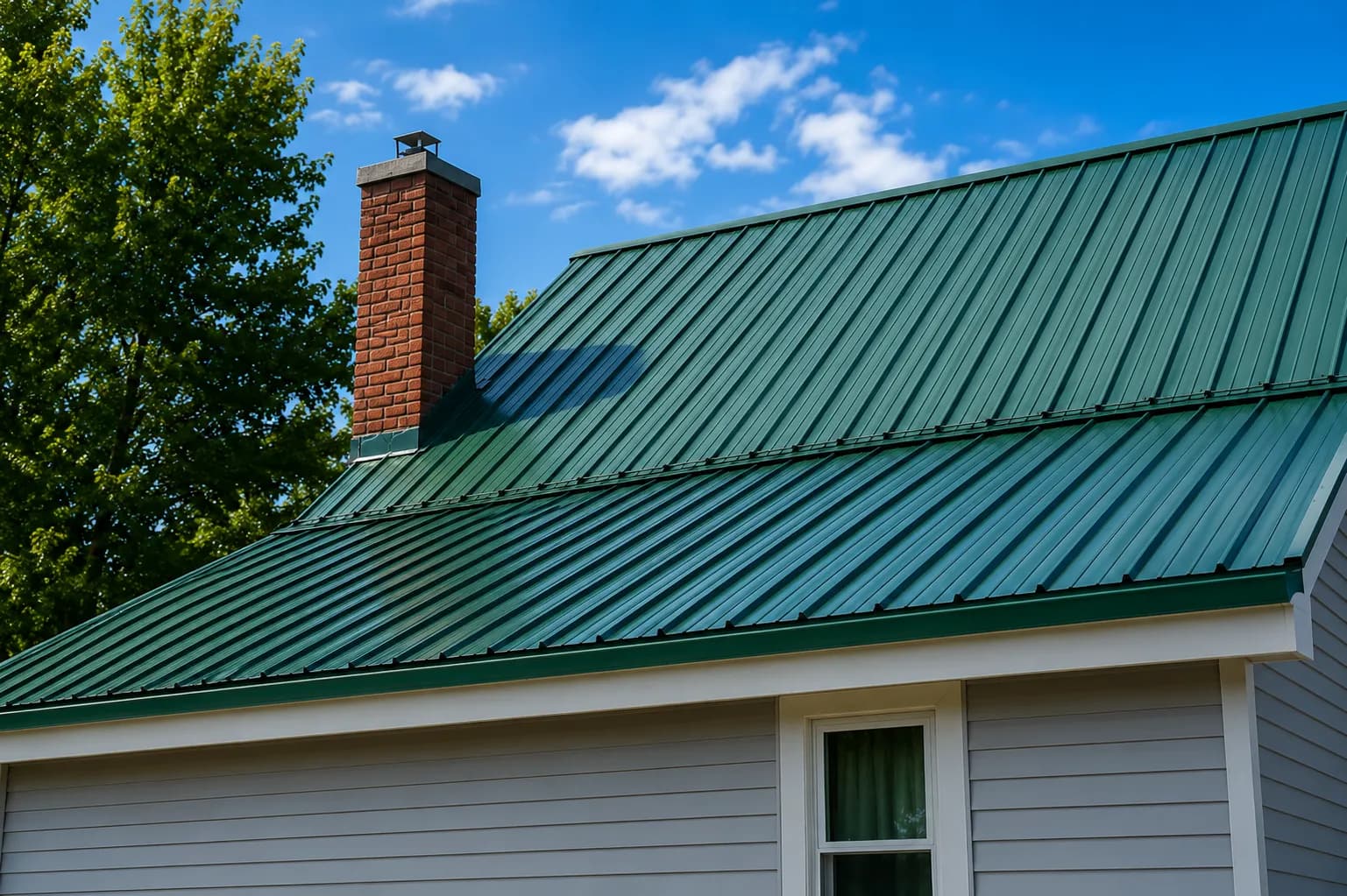 A green standing-seam metal roof with a brick chimney against a clear sky