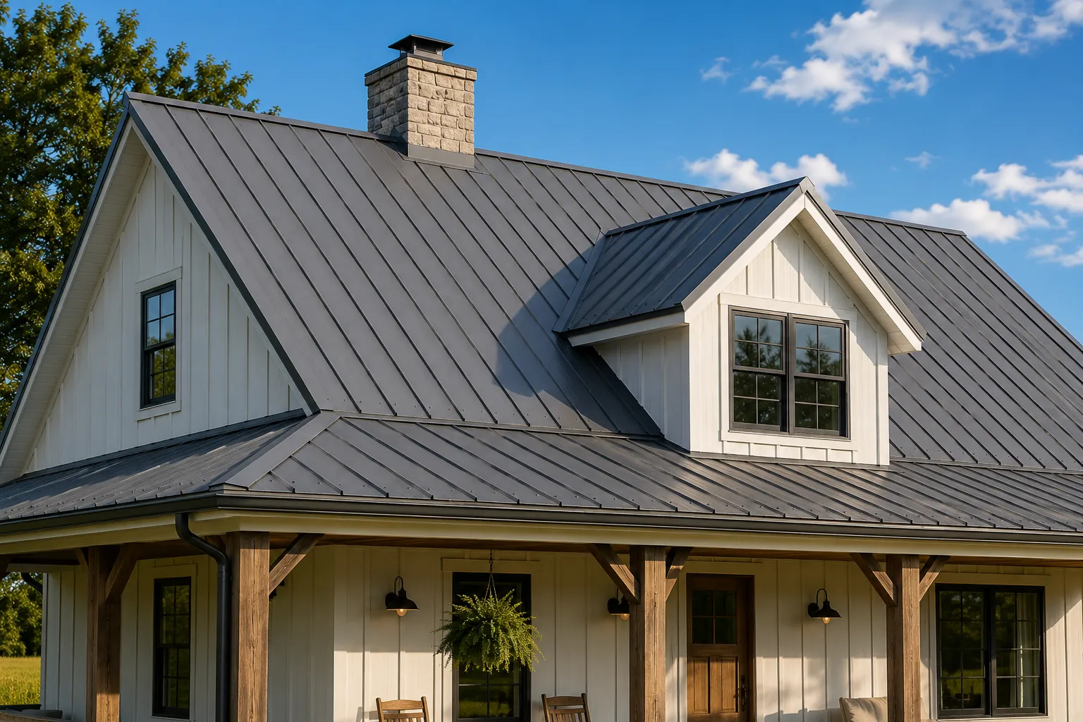 A gray standing-seam metal roof on a white farmhouse with a covered porch