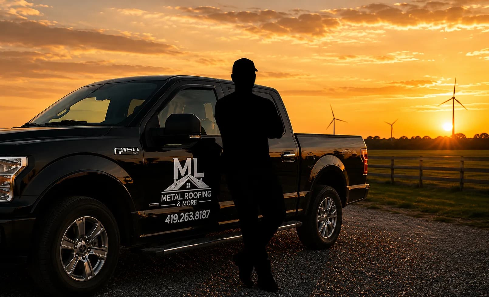Matt Schwartz standing by the ML Metal Roofing truck at sunset