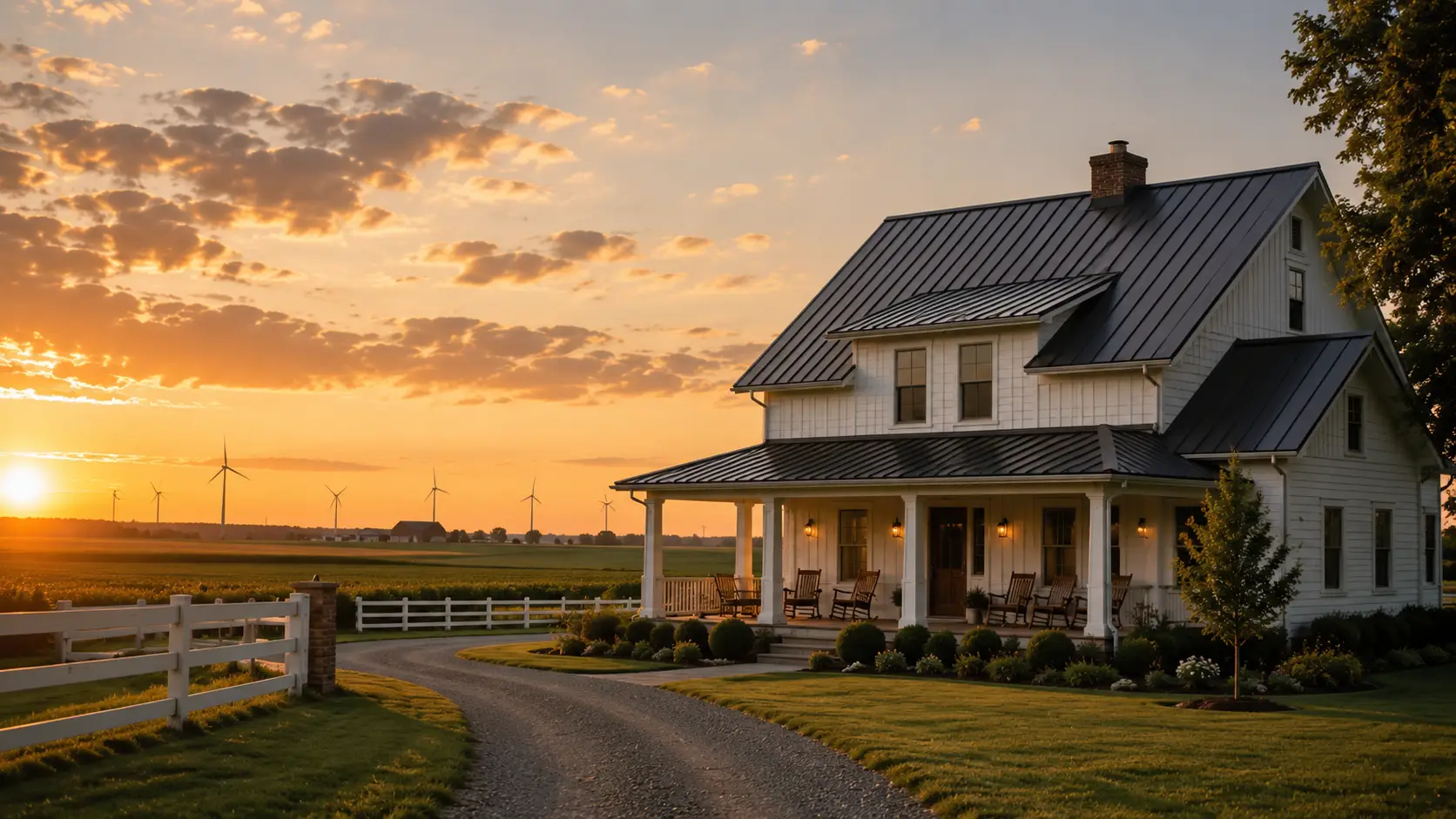 A farmhouse with a dark metal roof at golden hour, wind turbines on the horizon over the northwest Ohio fields